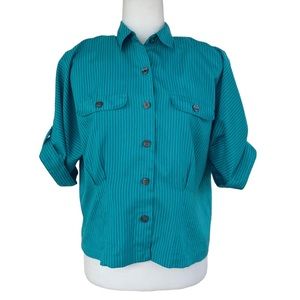 Vintage Josephine Pleated Blouse Teal Striped